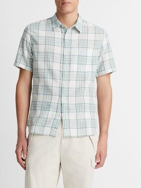 Vince Kino Linen Cotton Plaid Short Shirt Size XL